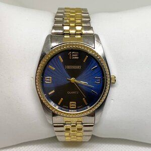 Hennessey men’s classic watch gold silver tone blue dial 36mm quartz running